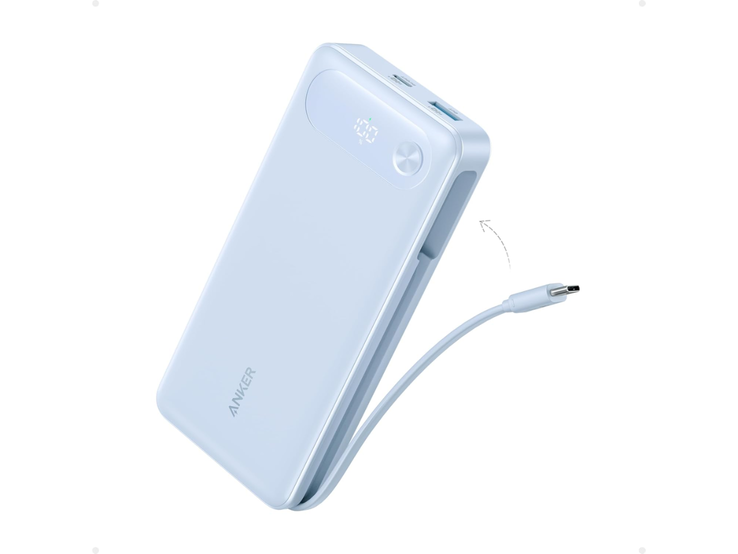 Power Bank da Anker (20K, 87W, cabo USB-C integrado) em Misty Blue