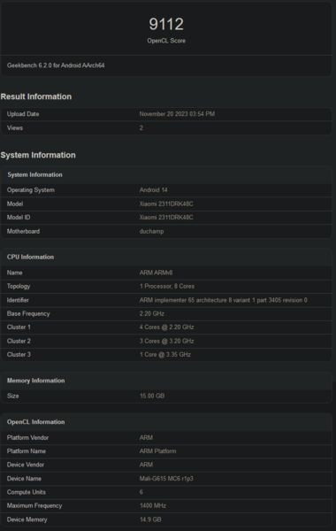 MediaTek Dimensity 8300 Geekbench OpenCL benchmark (imagem via Geekbench)