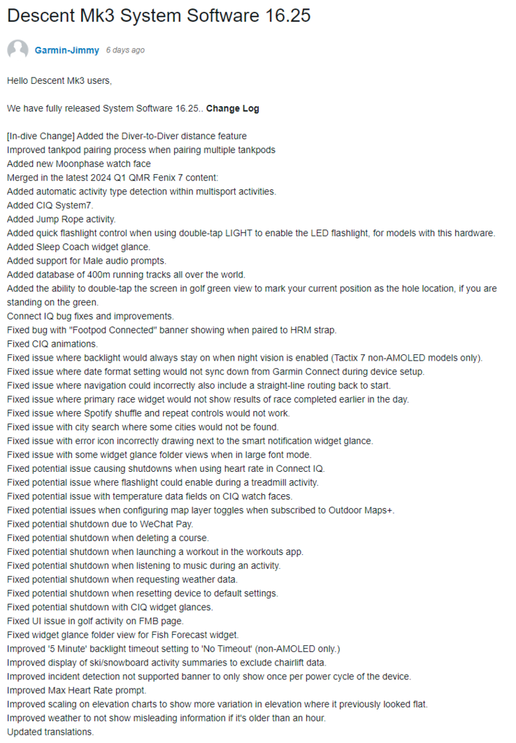 O registro de alterações do software do sistema Descent Mk3 16.25. (Fonte da imagem: Garmin)