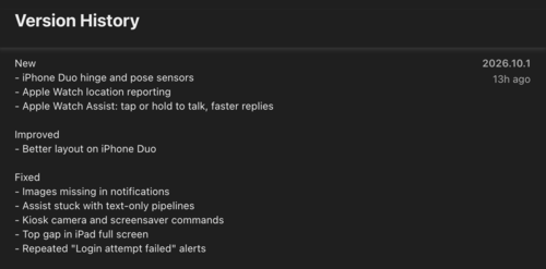 O registo de alterações da versão 2026.10.1 da app Home Assistant para iOS