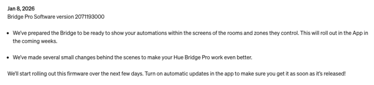 O registro de alterações da última atualização de software para os dispositivos Philips Hue Bridge. (Fonte da imagem: Philips Hue)