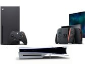Na foto: o Xbox Series X, o Sony PS5 Slim Disc Edition e o Nintendo Switch 2