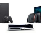 Na foto: o Xbox Series X, o Sony PS5 Slim Disc Edition e o Nintendo Switch 2