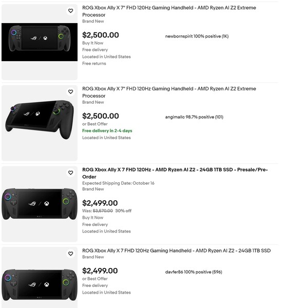 Preços do Asus ROG Xbox Ally X no eBay (Fonte da imagem: captura de tela, eBay)
