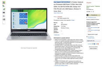 Acer Aspire 5 A515 com Ryzen 7 5700U listado na Amazônia Itália. (Fonte: Amazon.it)