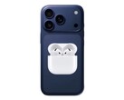 Renderização não oficial do iPhone 17 Pro com AirPods 4. (Fonte da imagem: @Skyfops on X e Apple, editado)