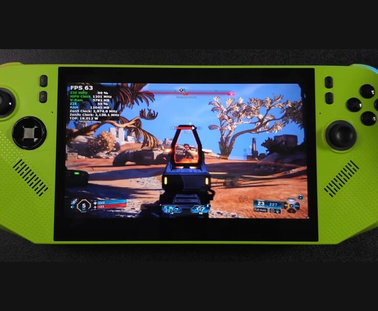 Borderlands 4 em execução no computador de mão MSI Claw 8 AI com AMD Ryzen Z2 Extreme, mostrando o contador de FPS na tela e a sobreposição de desempenho durante o jogo (ETA PRIME via YouTube)