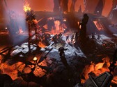 Uma imagem mostrando uma batalha contra um gigante de fogo em Age of Wonders 4.