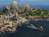Uma imagem mostrando uma cidade em uma ilha em Anno 1800.