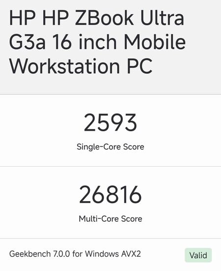A listagem do HP ZBook Ultra G3a de 16 polegadas no Geekbench