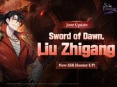 Arte promocional oficial para o banner do personagem Sword of Dawn apresentando o caçador SSR Liu Zhigang.