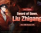 Arte promocional oficial para o banner do personagem Sword of Dawn apresentando o caçador SSR Liu Zhigang.