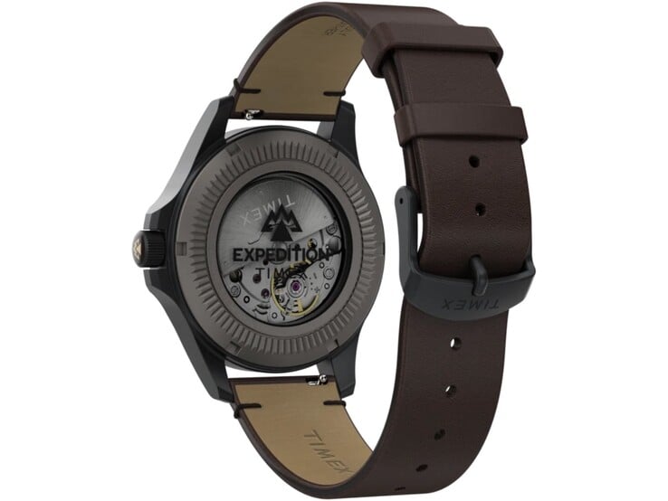 Vista traseira do Timex Expedition Field Post Titanium, mostrando seu fundo de caixa transparente, o mecanismo automático e a pulseira de couro marrom.