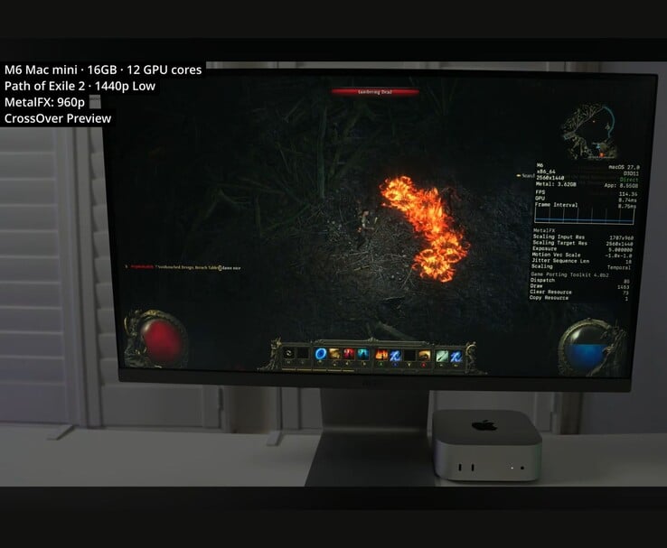 Path of Exile 2 rodando em um Mac mini M6 de 16 GB por meio do CrossOver em 1440p com configurações baixas.