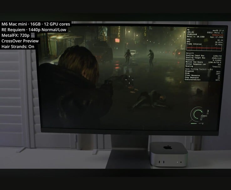 O Resident Evil Requiem roda a cerca de 50 FPS em um Mac mini M6 de 16 GB por meio do CrossOver.