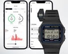 O relógio digital Casio F-B100W é mostrado em frente a duas telas de smartphones que exibem o aplicativo Life Log conectado a ele, com dados de monitoramento de passos e atividades.