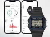 O relógio digital Casio F-B100W é mostrado em frente a duas telas de smartphones que exibem o aplicativo Life Log conectado a ele, com dados de monitoramento de passos e atividades.