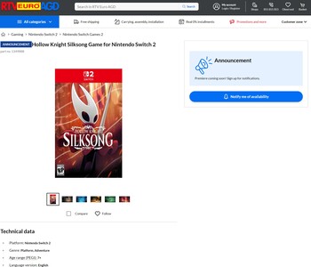 Hollow Knight Silksong Switch 2 RTV Euro AGD listing (Fonte da imagem: captura de tela, RTV Euro AGD)