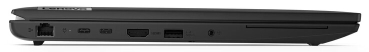 Lado esquerdo: Gigabit Ethernet, USB 3.2 Gen 2 (USB-C; Power Delivery, Displayport), HDMI, USB 3.2 Gen 1 (USB-A), combo de áudio, leitor de SmartCard