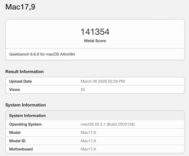 Pontuação de metal para o Apple M5 Pro.