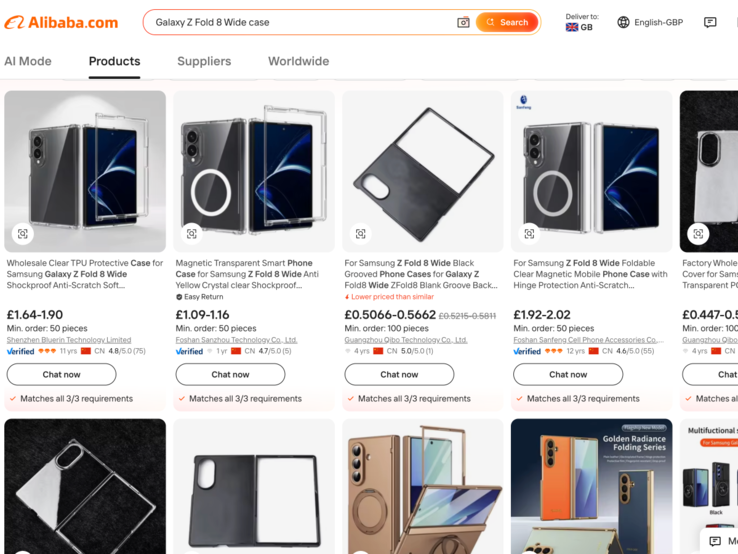 Galaxy Z Fold 8 Wide cases listados no Alibaba.