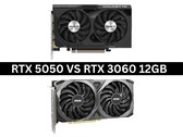 Imagem lado a lado das placas de vídeo Nvidia GeForce RTX 5050 e RTX 3060 de 12 GB (Fonte da imagem: Imagens dos produtos via Gigabyte e MSI. Composição criada por Anmol Dubey via Notebookcheck).