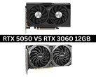 Imagem lado a lado das placas de vídeo Nvidia GeForce RTX 5050 e RTX 3060 de 12 GB (Fonte da imagem: Imagens dos produtos via Gigabyte e MSI. Composição criada por Anmol Dubey via Notebookcheck).