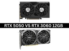 Imagem lado a lado das placas de vídeo Nvidia GeForce RTX 5050 e RTX 3060 de 12 GB (Fonte da imagem: Imagens dos produtos via Gigabyte e MSI. Composição criada por Anmol Dubey via Notebookcheck).