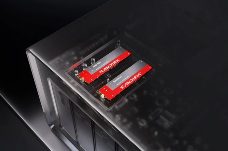 Dois SSDs Sandisk NAS 800 instalados dentro de um gabinete NAS