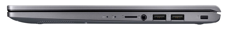 Lado direito: leitor de cartão de memória (MicroSD, opcional), combo de áudio, 2x USB 2.0 (USB-A), slot para um trava de cabo