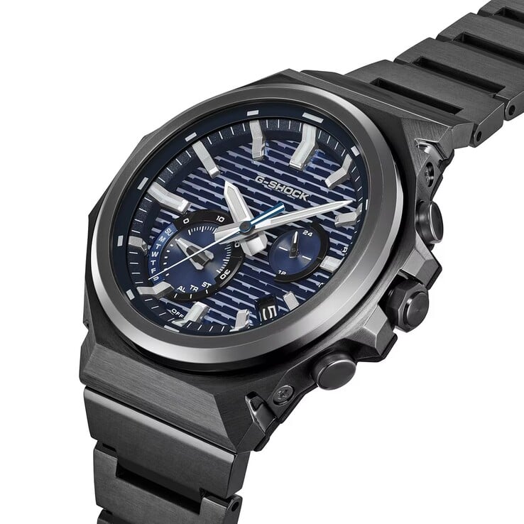O GST-B1000BD-2A combina um mostrador azul texturizado com uma caixa e pulseira de aço inoxidável banhado a íons escuros.
