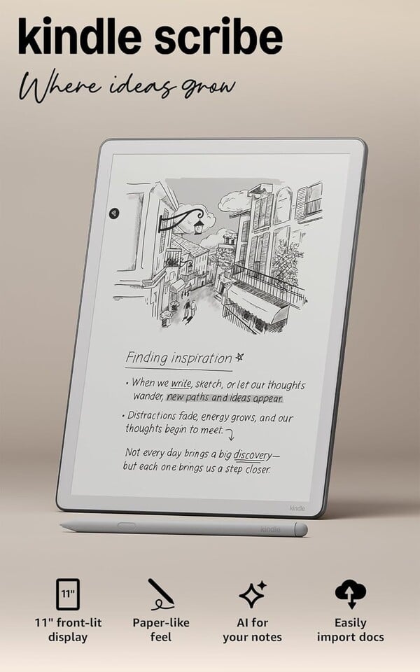 O novo Kindle Scribe agora tem molduras de tamanho uniforme em todos os lados. (Fonte da imagem: Amazon)