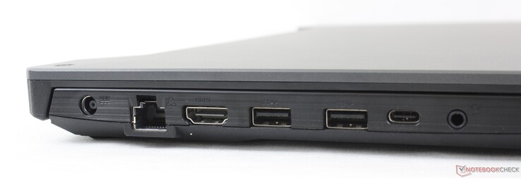 Esquerda: adaptador AC, Gigabit RJ-45, HDMI 2.0b, 2x USB-A 3.2 Gen. 1, USB-C c/ Thunderbolt 4 e DisplayPort (sem carga no laptop), áudio combinado de 3.5 mm