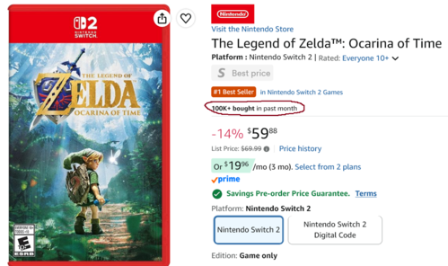 Listagem de Zelda: Ocarina of Time na Amazon e vendas exibidas