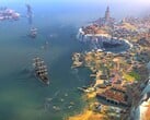 Uma imagem mostrando edifícios e navios em “Humankind”, agora com 90% de desconto.