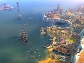 Uma imagem mostrando edifícios e navios em “Humankind”, agora com 90% de desconto.