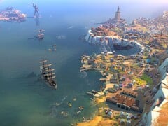 Uma imagem mostrando edifícios e navios em “Humankind”, agora com 90% de desconto.