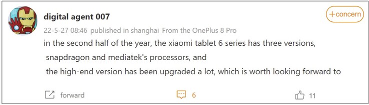 Xiaomi Pad 6 comentário. (Weibo - tradução automática)