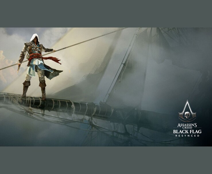 Arte oficial de Assassin's Creed Black Flag Resynced mostrando Edward Kenway em pé em um mastro de navio.