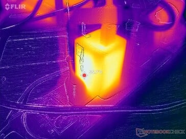O adaptador CA atinge mais de 56 °C ao operar cargas exigentes