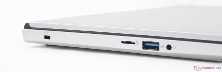 Esquerda: Trava Kensington, leitor MicroSD, USB-A 3.2 Gen. 1, fone de ouvido de 3,5 mm