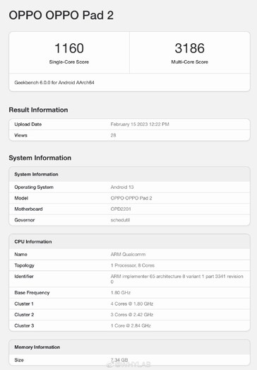 A segunda geração de comprimidos da OPPO Android parece visitar o Geekbench antes de seu lançamento. (Fonte: Geekbench via WHYLAB)