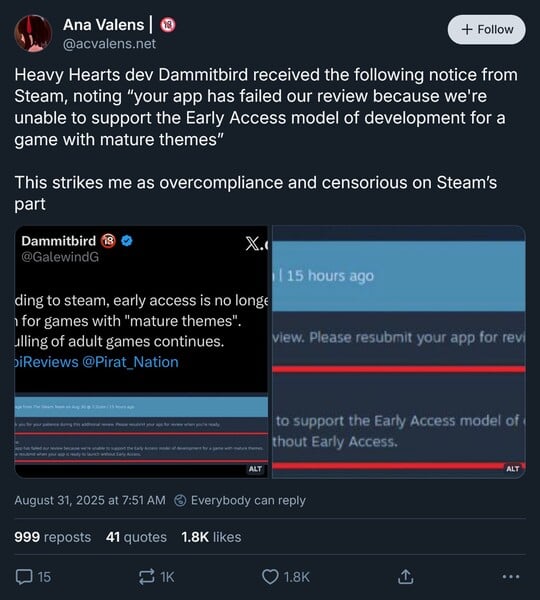 Ana Valens Bluesky postou sobre o acesso antecipado de jogos adultos no Steam (Fonte da imagem: captura de tela, conta de Ana Valens Bluesky)