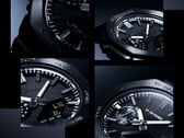 Colagem de imagens em close-up que destacam a textura do mostrador, os marcadores de horas e a luneta do Casio G-Shock GM-2100LXB.