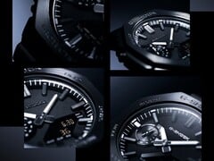 Colagem de imagens em close-up que destacam a textura do mostrador, os marcadores de horas e a luneta do Casio G-Shock GM-2100LXB.