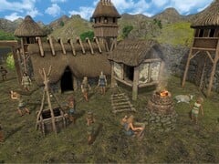 Uma imagem mostrando edifícios em Dawn of Man.