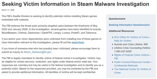 Aviso do FBI sobre a investigação de malware do Steam