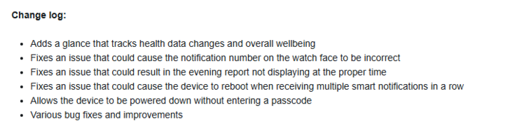 O registro de alterações da versão beta 15.10 do Garmin vivoactive 6. (Fonte da imagem: Garmin)