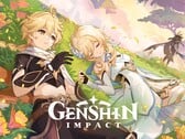 Imagem oficial de Genshin Impact apresentando os Viajantes, Aether e Lumine, ao lado de Dainsleif.