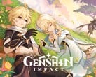 Imagem oficial de Genshin Impact apresentando os Viajantes, Aether e Lumine, ao lado de Dainsleif.